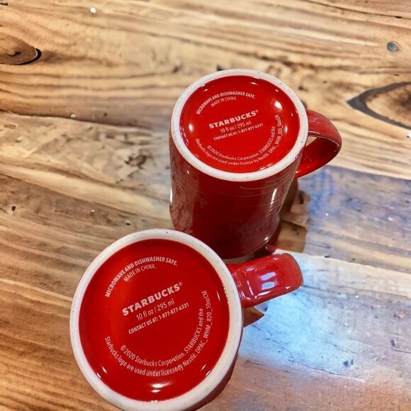STARBUCKS Red Porcelain Holiday Mug Christmas Fa la la 10oz EUC 2020 set of 2 - Picture 3 of 9